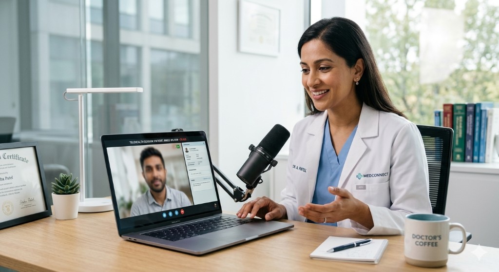 Adult on a calm virtual visit with a clinician from home.