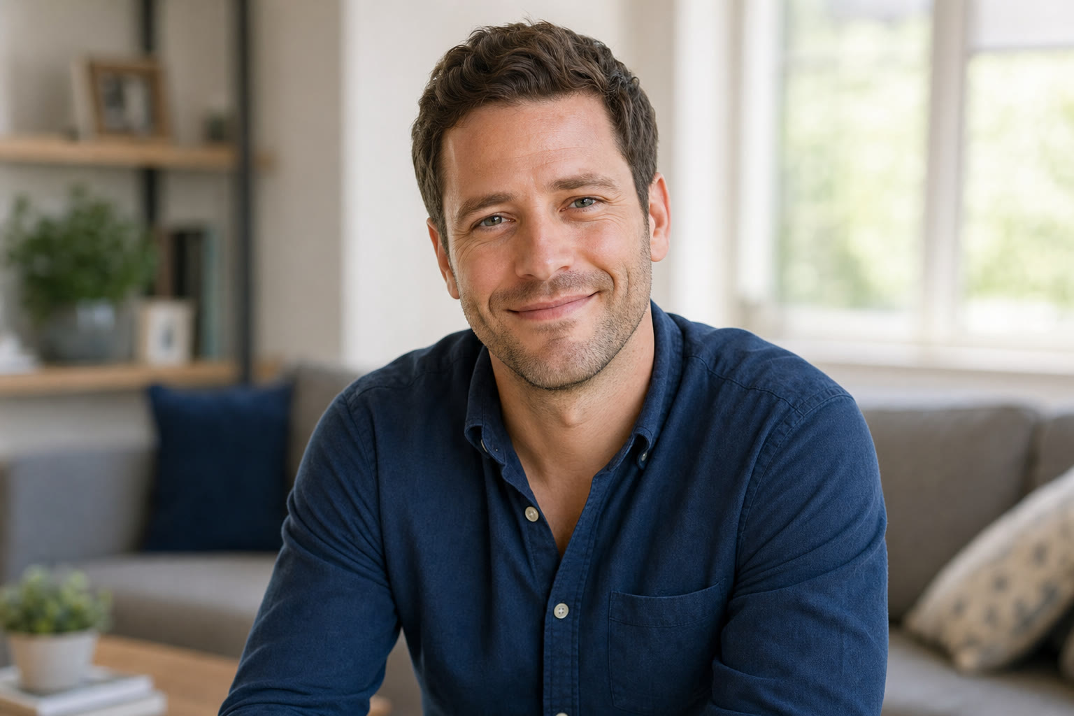 Man in his mid-30s looking satisfied and at ease